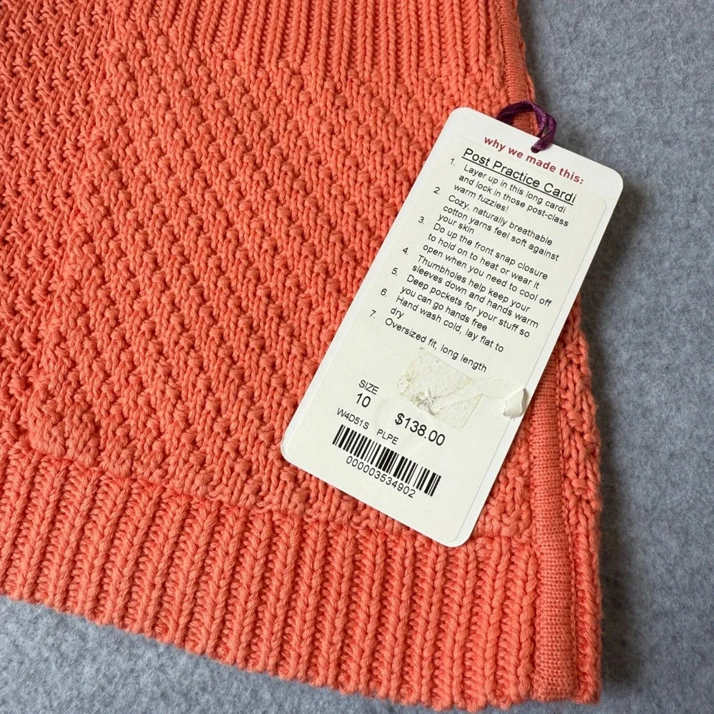 Lululemon Womens Orange Post Practice Cardigan Sweater Knit Pockets Size 10 NWT
